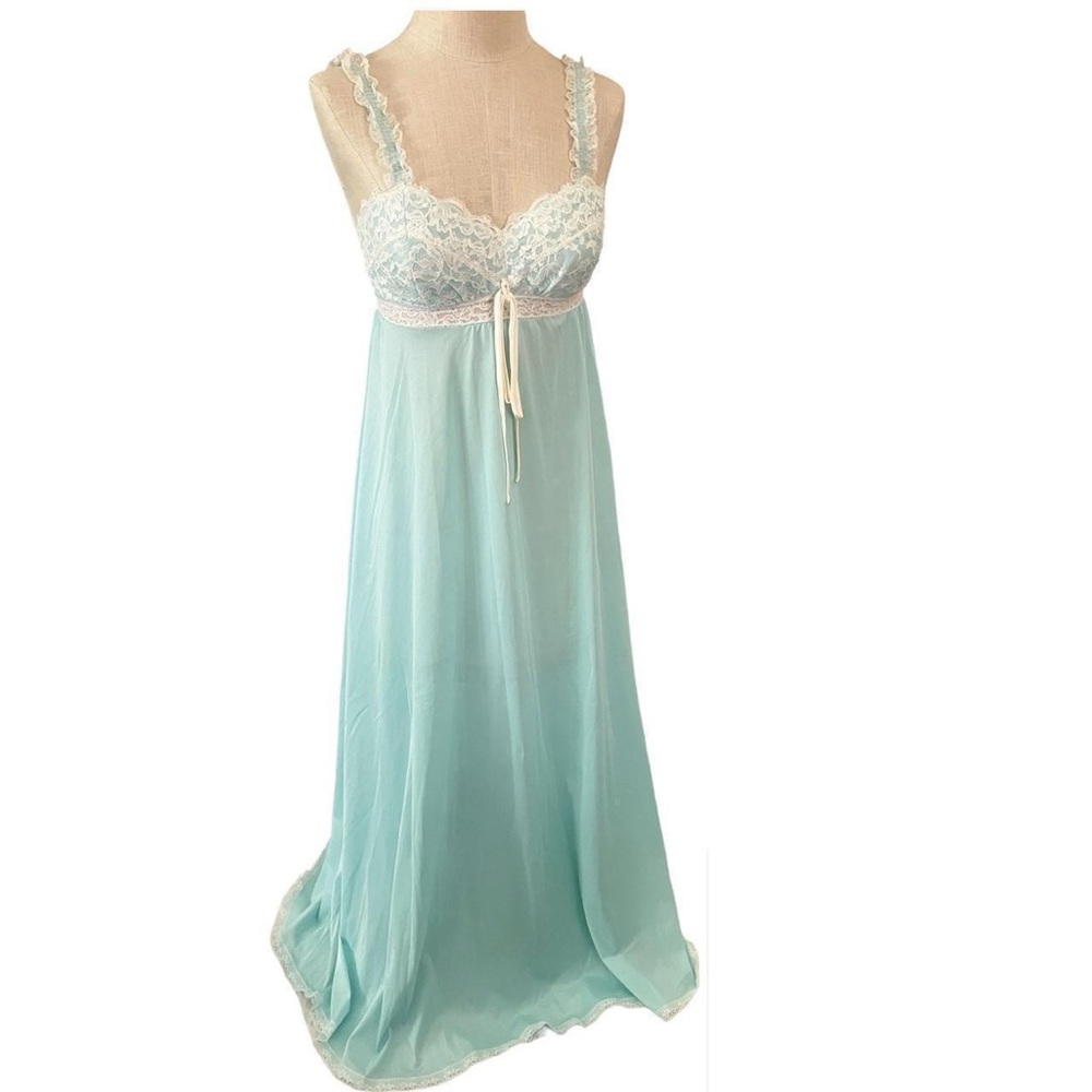 Olga Powder Blue Long Flowy Full Length NightGown Slip Dress Vintage
